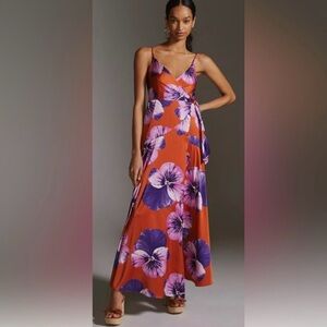 Anthropologie Hutch satin floral maxi wrap dress orange and purple size medium